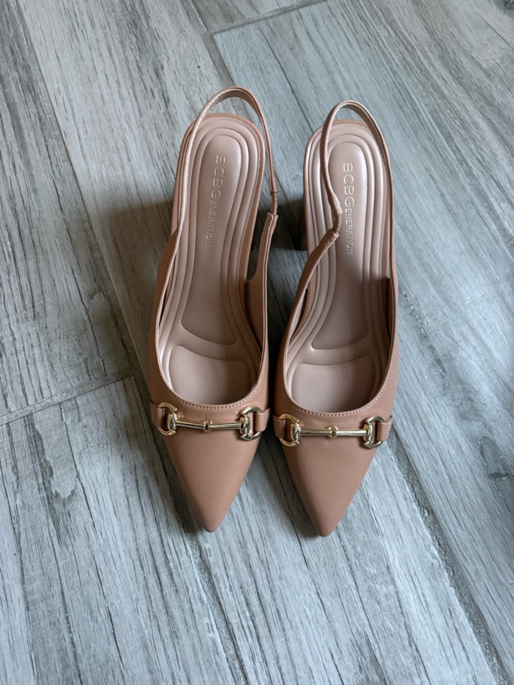 BCBGeneration Pointed Toe Slingback Mules in Blush Tan with Gold Hardware